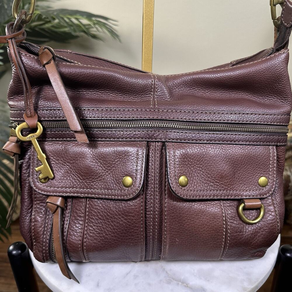Fossil Morgan Traveler Crossbody Shoulder Pebbled Leather Cognac Brown Brass - Picture 5 of 13